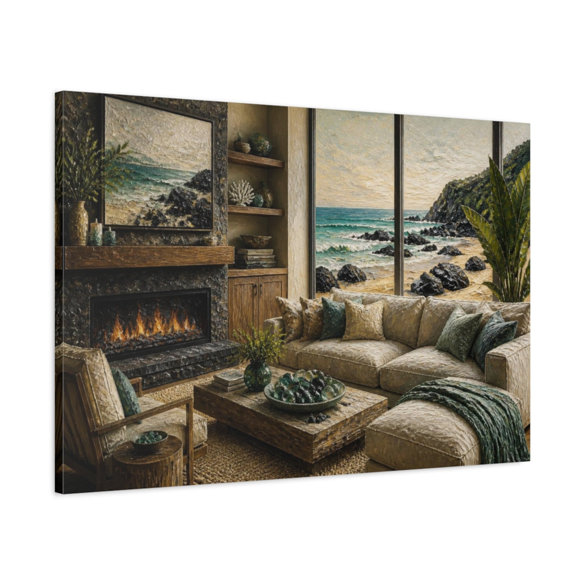 Main Mockup. Living Room Seascape View shown as canvas print