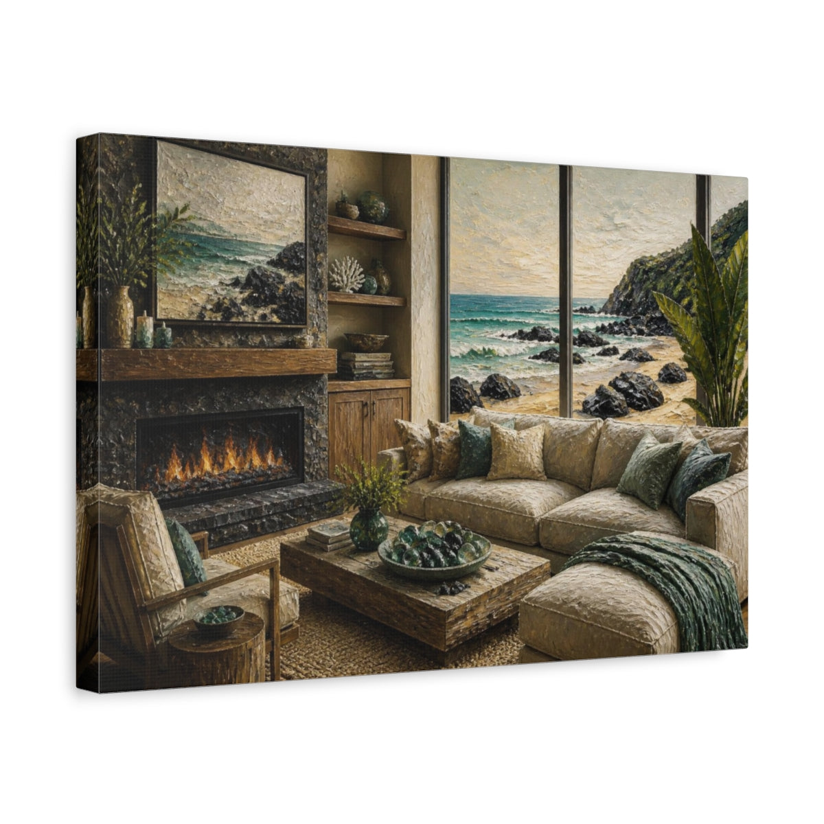 Side Mockup 4. Living Room Seascape View shown as canvas print