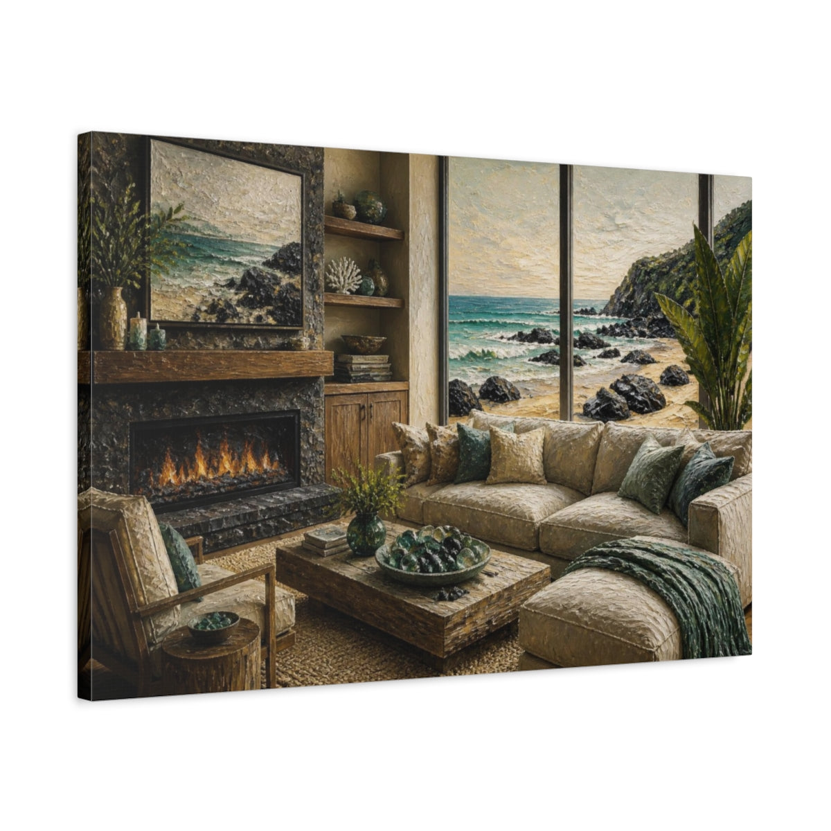 Side Mockup 2. Living Room Seascape View shown as canvas print