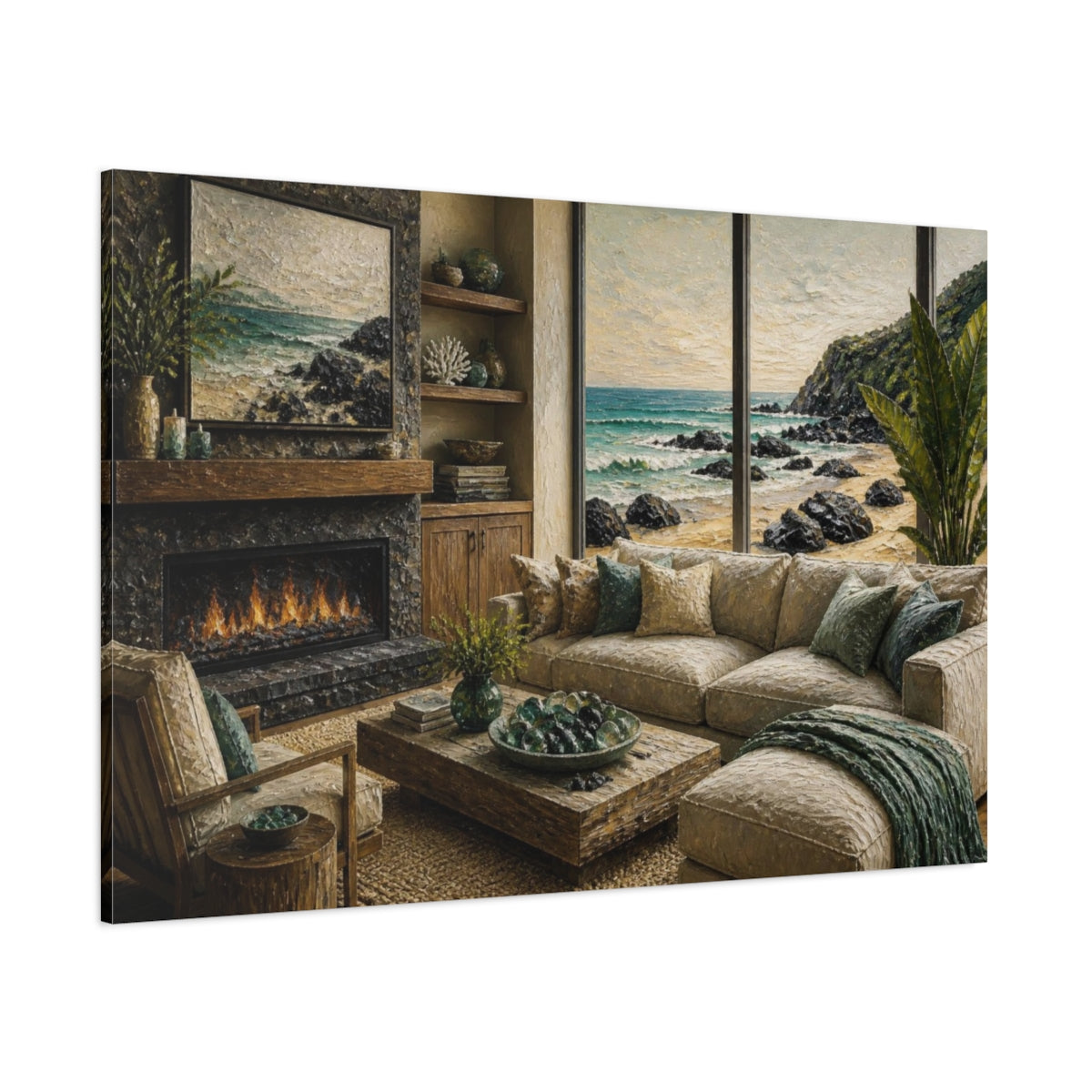 Side Mockup 1. Living Room Seascape View shown as canvas print