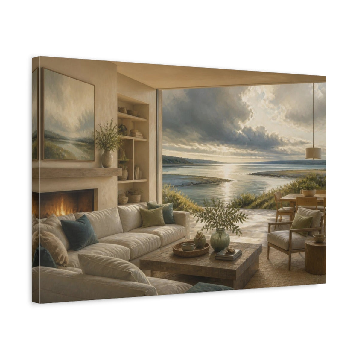 Side Mockup 3. Living Room Seascape View shown as canvas print