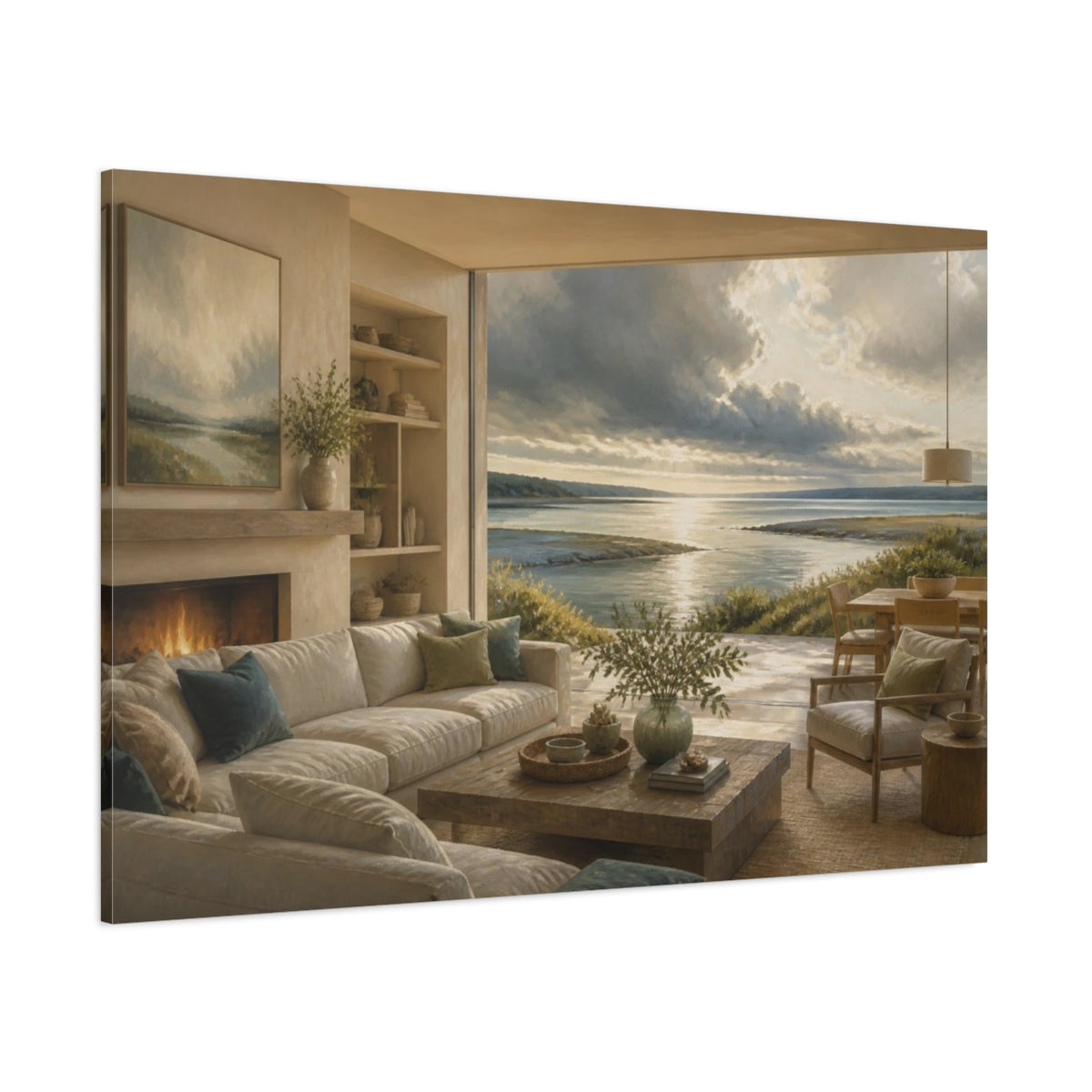 Side Mockup 1. Living Room Seascape View shown as canvas print