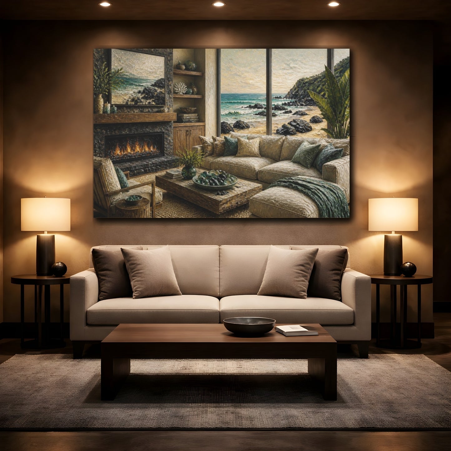Mockup 2. Living Room Seascape View shown as canvas print