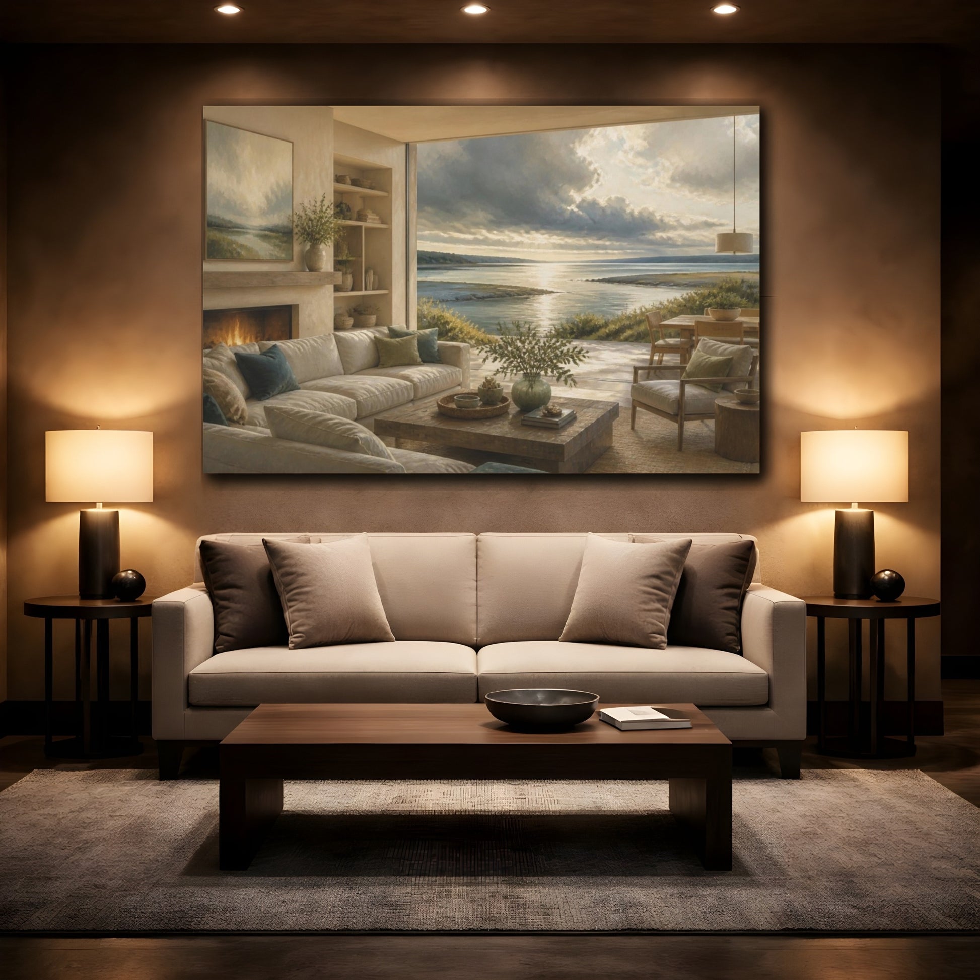 Mockup 2. Living Room Seascape View shown as canvas print
