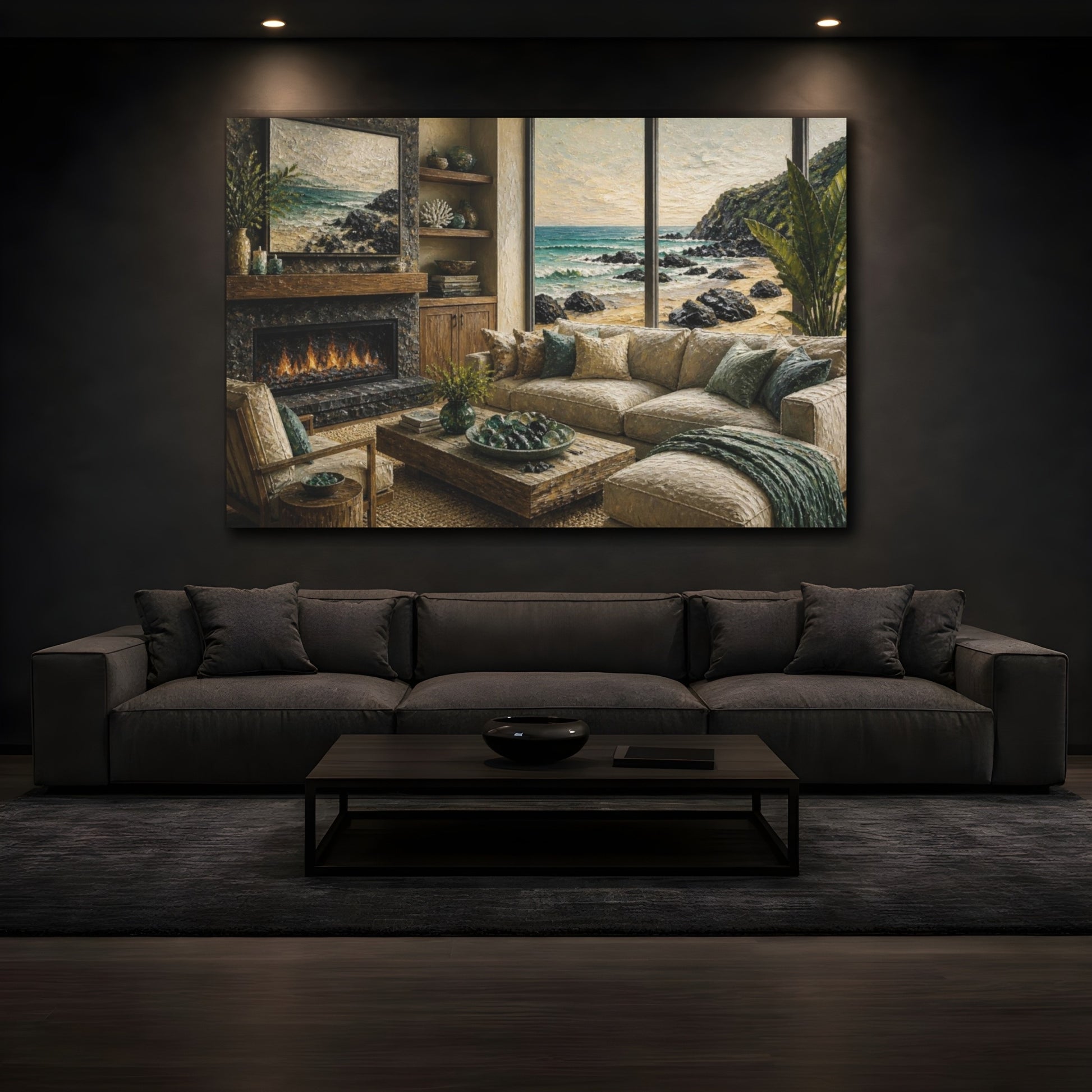 Mockup 3. Living Room Seascape View shown as canvas print