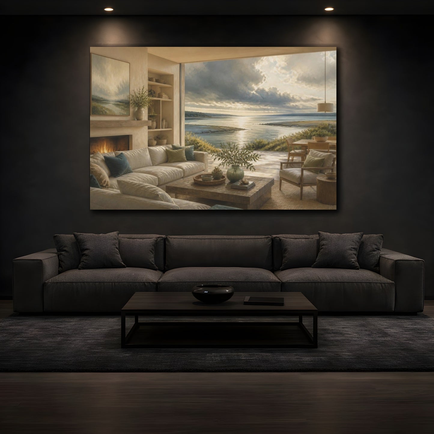 Mockup 3. Living Room Seascape View shown as canvas print