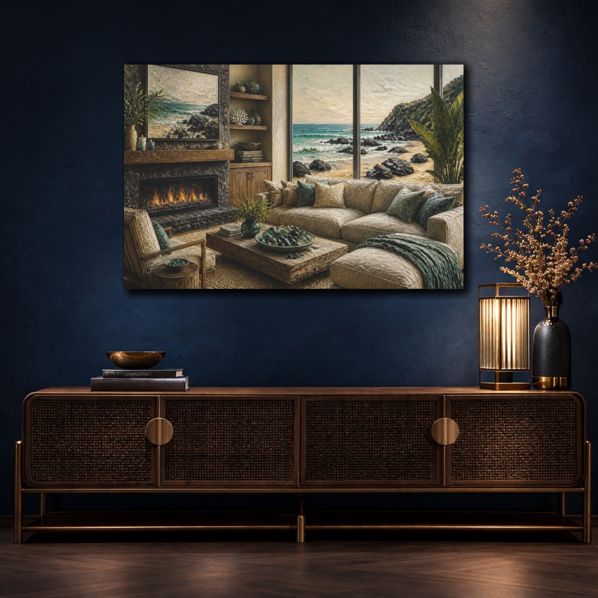 Mockup 4. Living Room Seascape View shown as canvas print