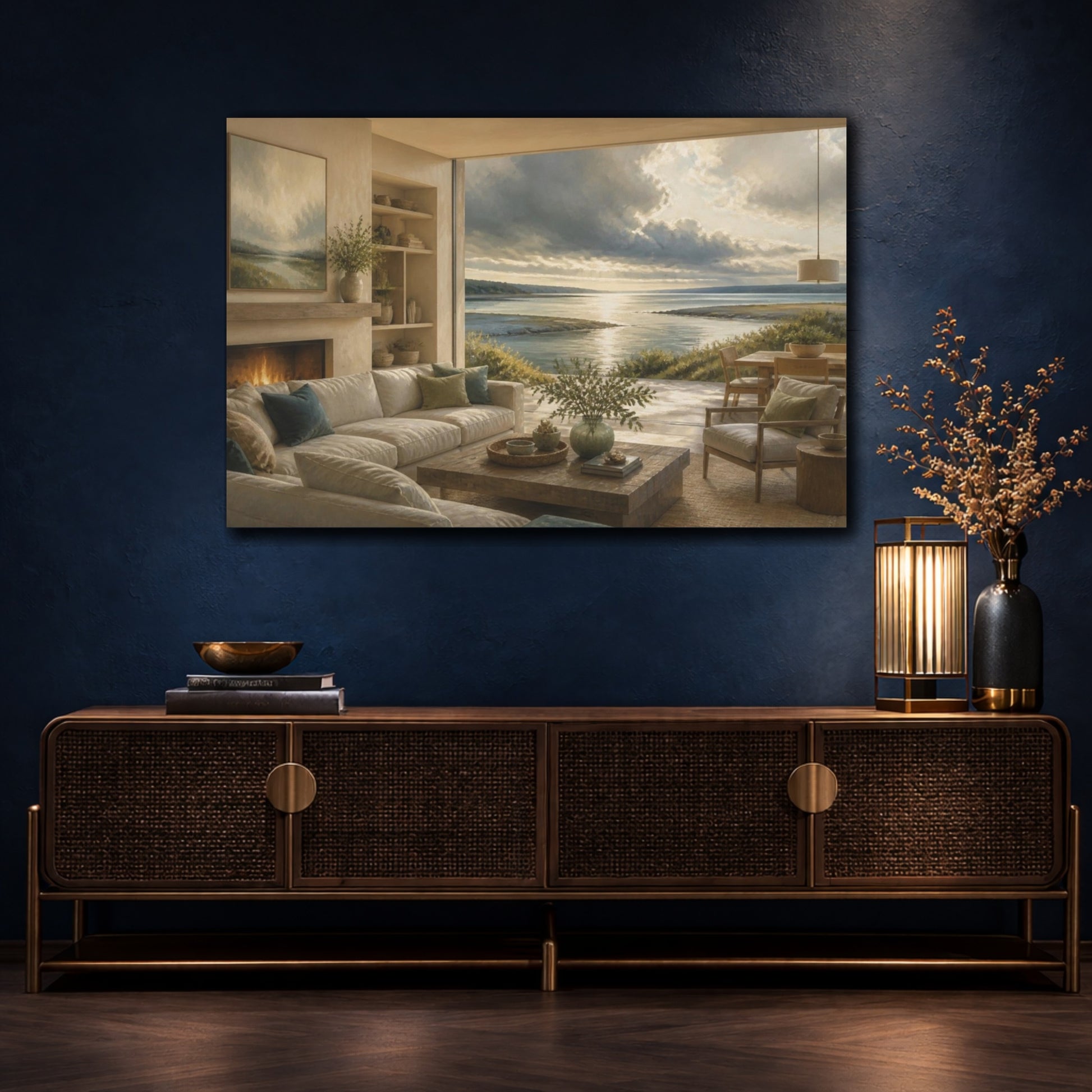 Mockup 4. Living Room Seascape View shown as canvas print