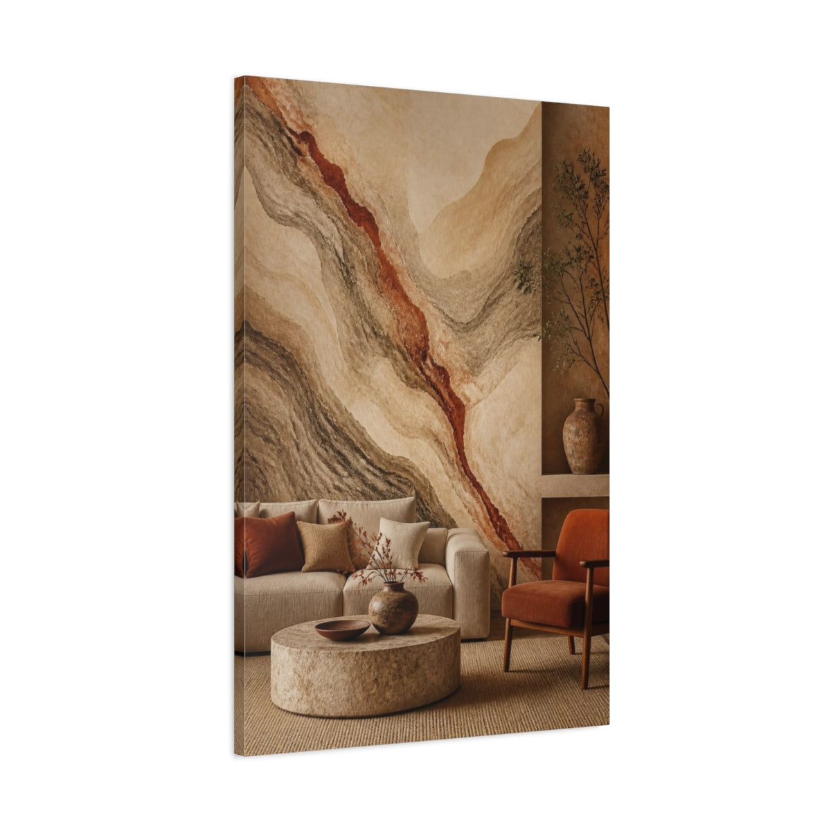 Main Mockup. Living Room Sediment Mural shown as canvas print