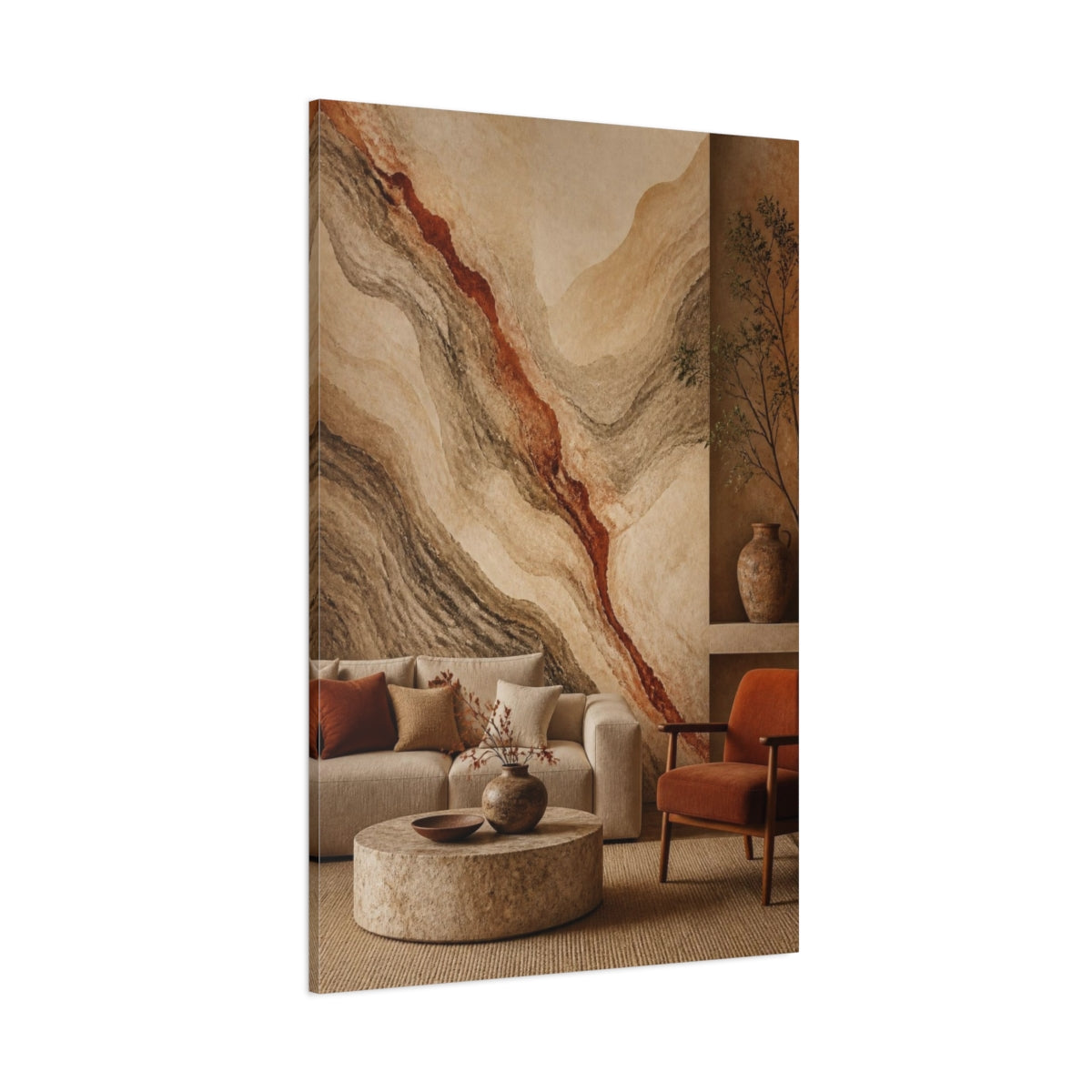 Side Mockup 1. Living Room Sediment Mural shown as canvas print