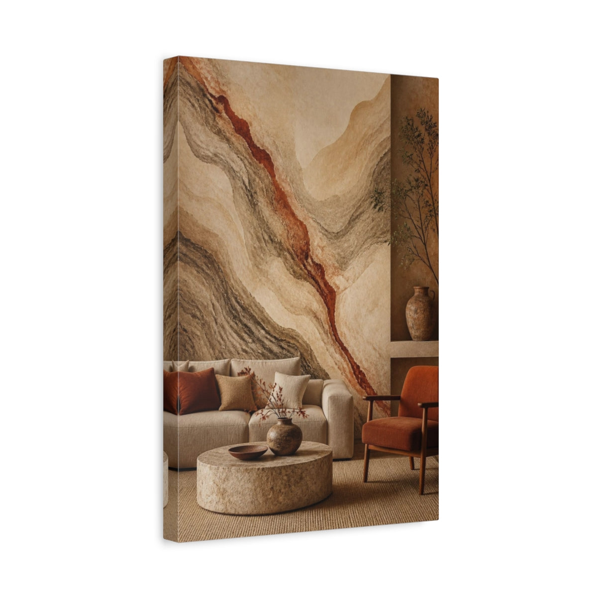 Side Mockup 4. Living Room Sediment Mural shown as canvas print