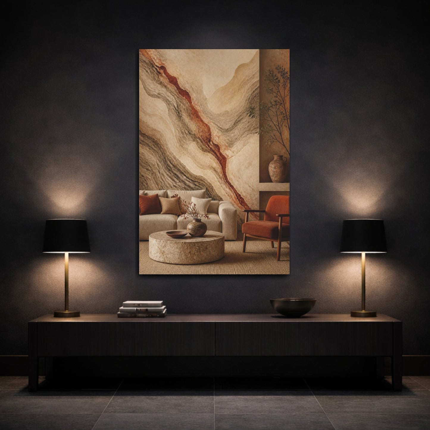 Mockup 3. Living Room Sediment Mural shown as canvas print