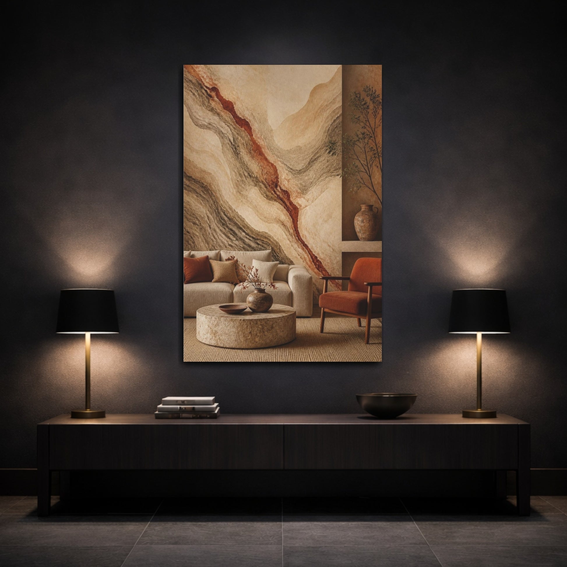 Mockup 3. Living Room Sediment Mural shown as canvas print
