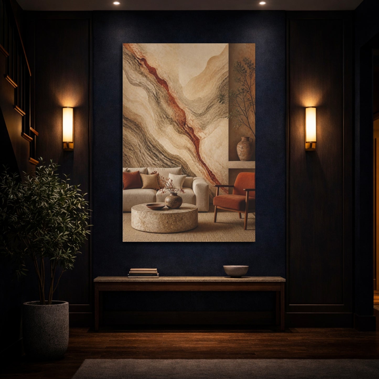 Mockup 4. Living Room Sediment Mural shown as canvas print