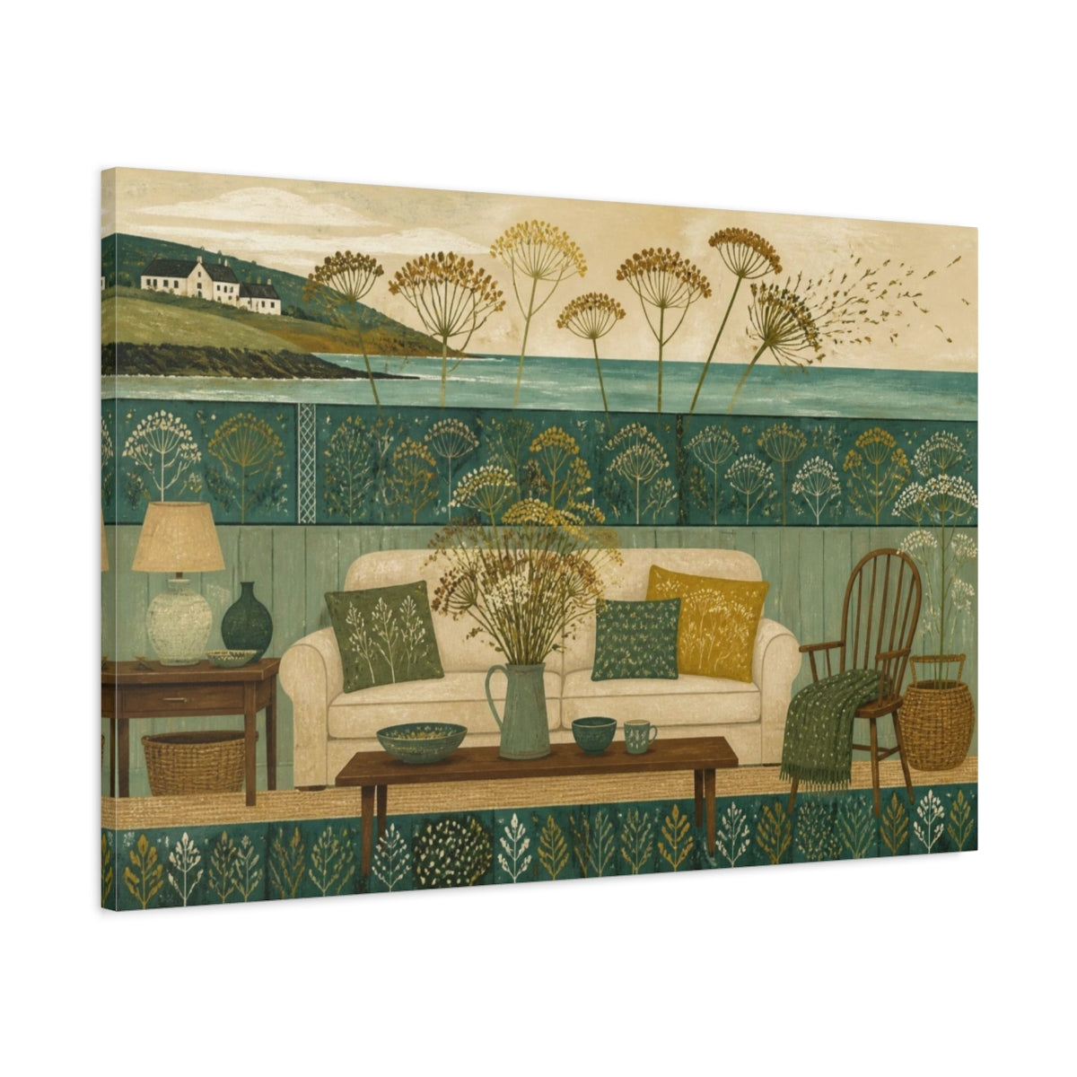 Main Mockup. Living Room Seed Heads shown as canvas print