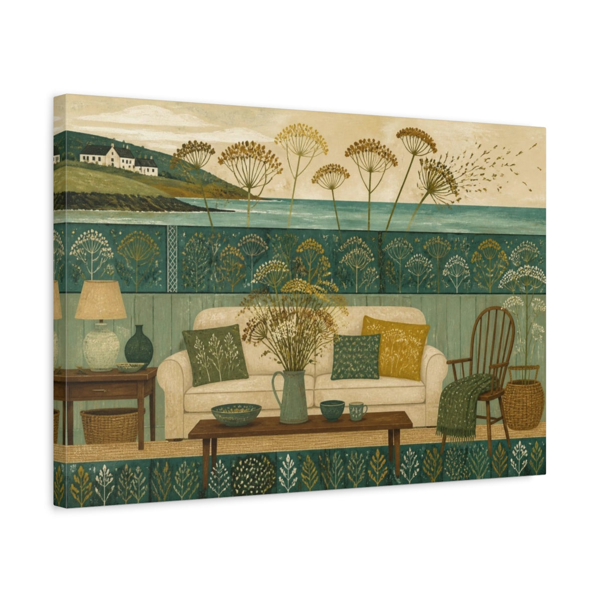 Side Mockup 3. Living Room Seed Heads shown as canvas print