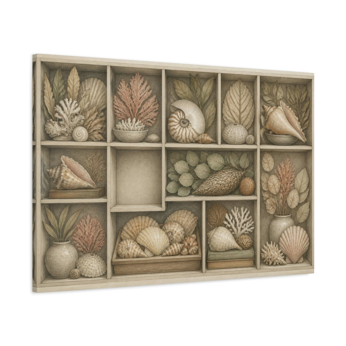 Main Mockup. Living Room Shell Cabinet shown as canvas print