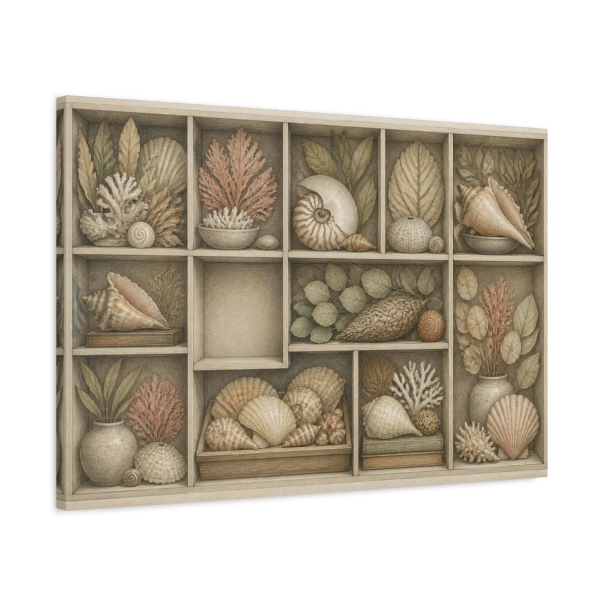 Side Mockup 2. Living Room Shell Cabinet shown as canvas print