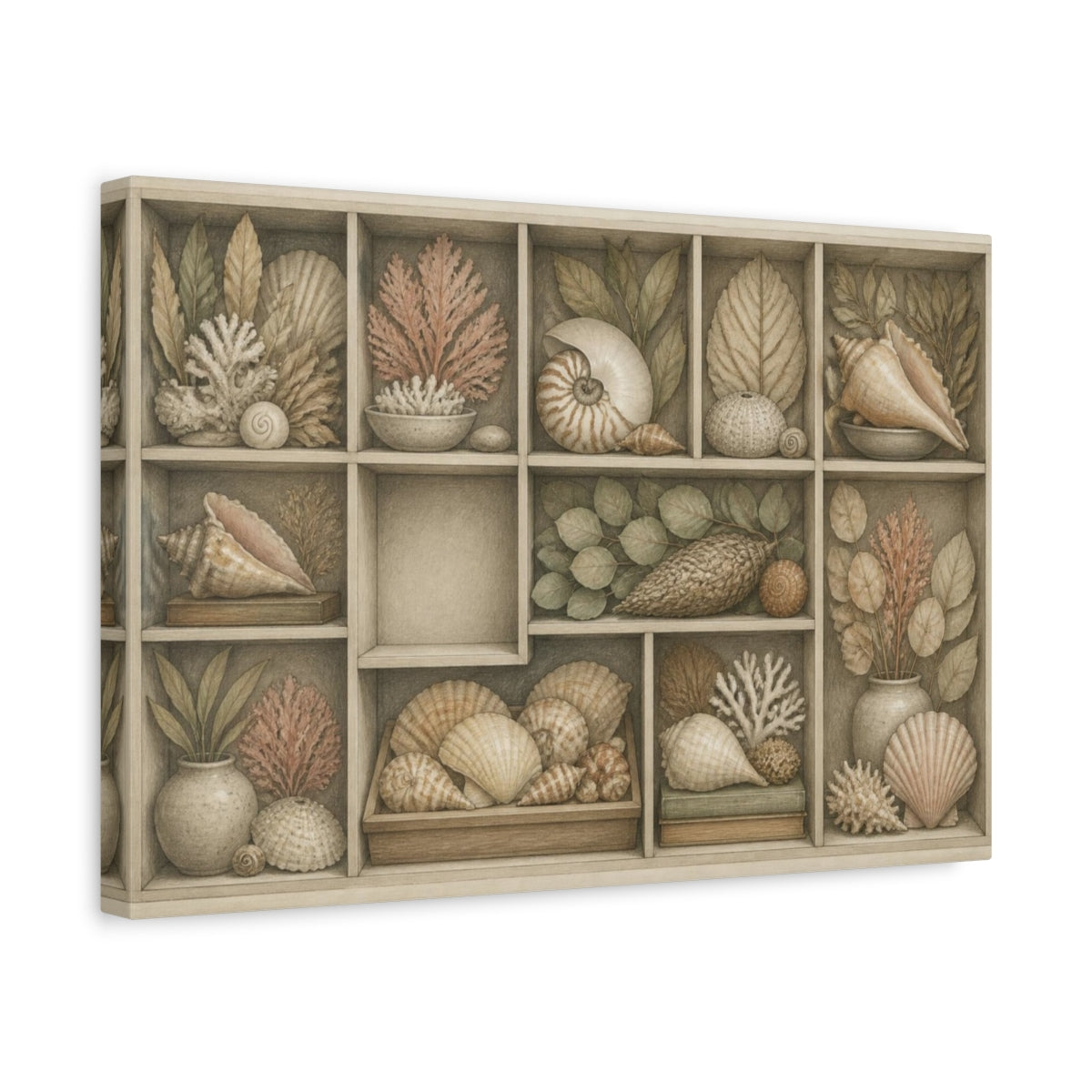 Side Mockup 4. Living Room Shell Cabinet shown as canvas print