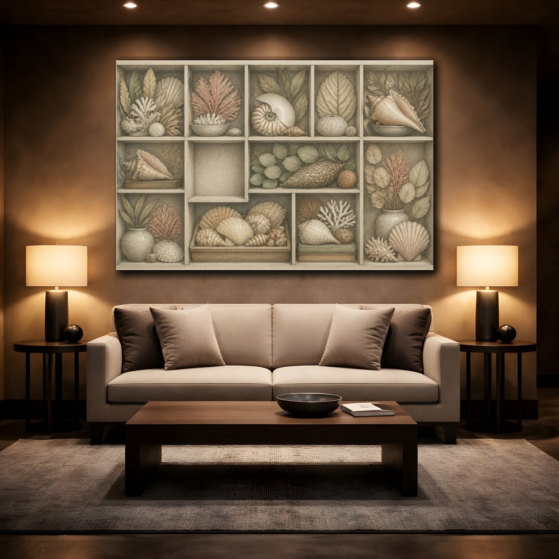 Mockup 2. Living Room Shell Cabinet shown as canvas print