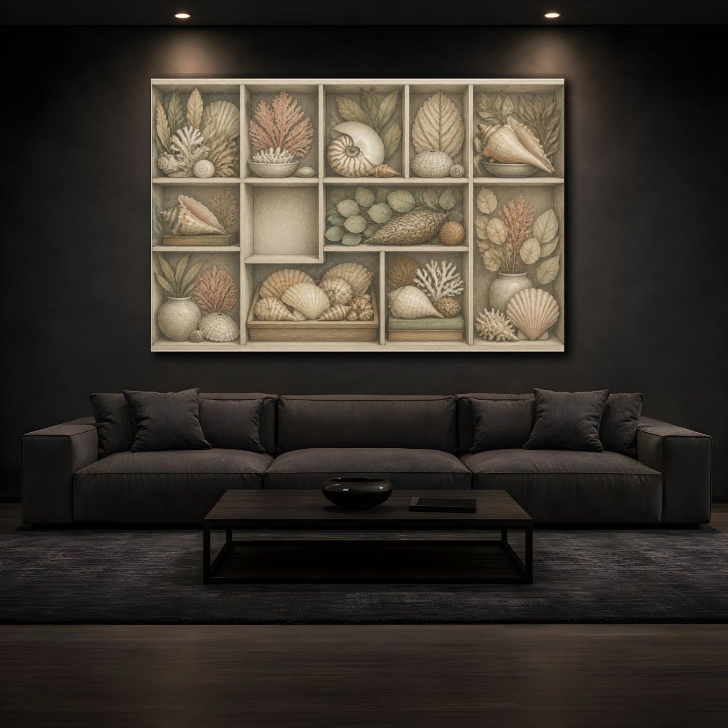Mockup 3. Living Room Shell Cabinet shown as canvas print