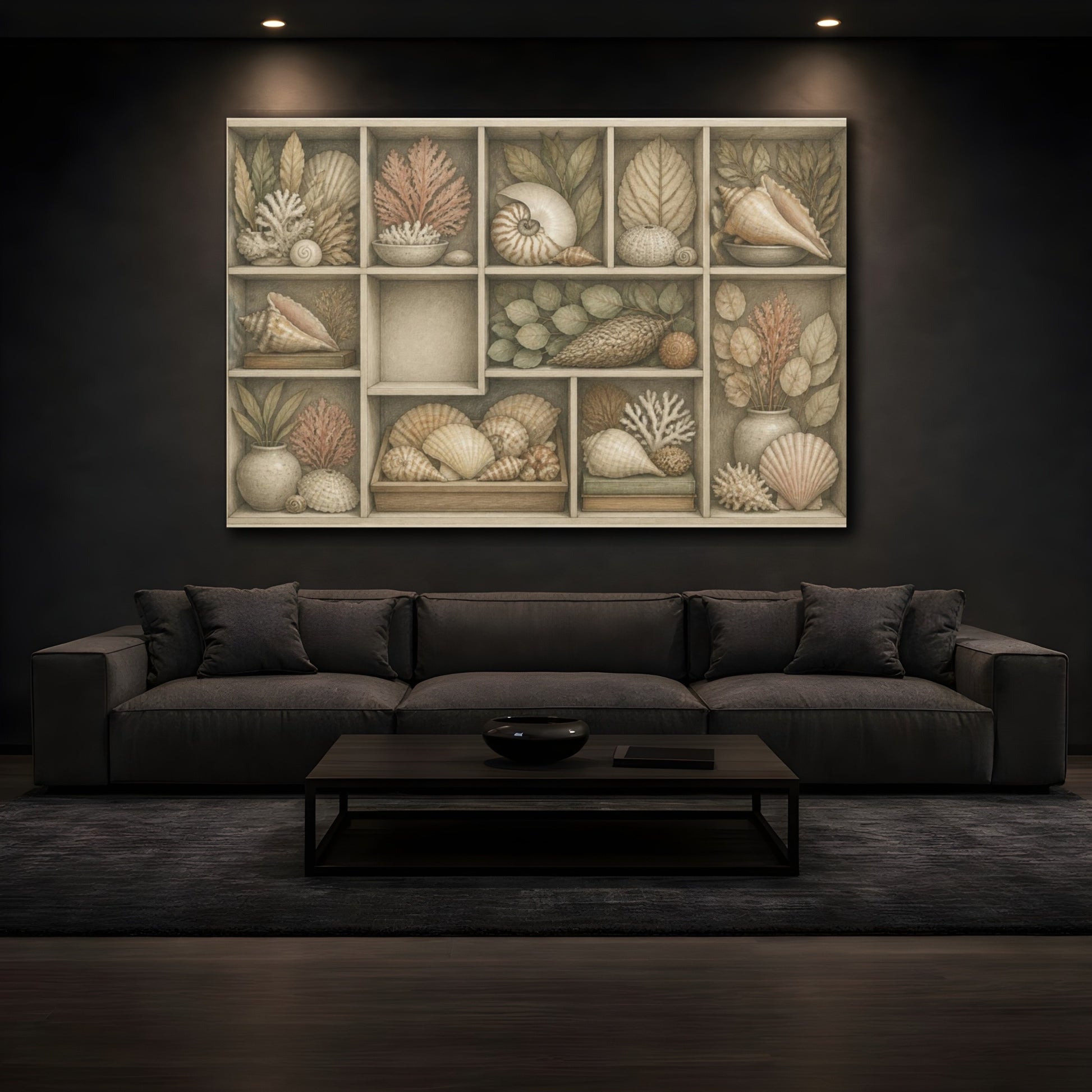Mockup 3. Living Room Shell Cabinet shown as canvas print