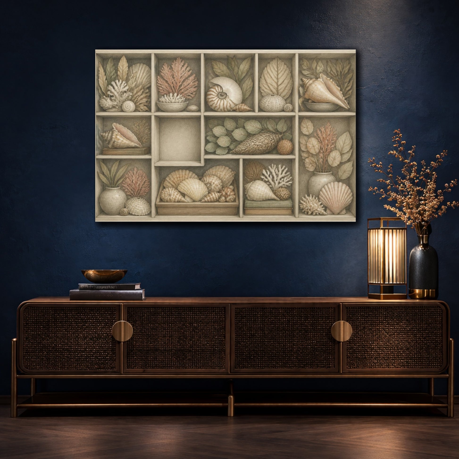 Mockup 4. Living Room Shell Cabinet shown as canvas print