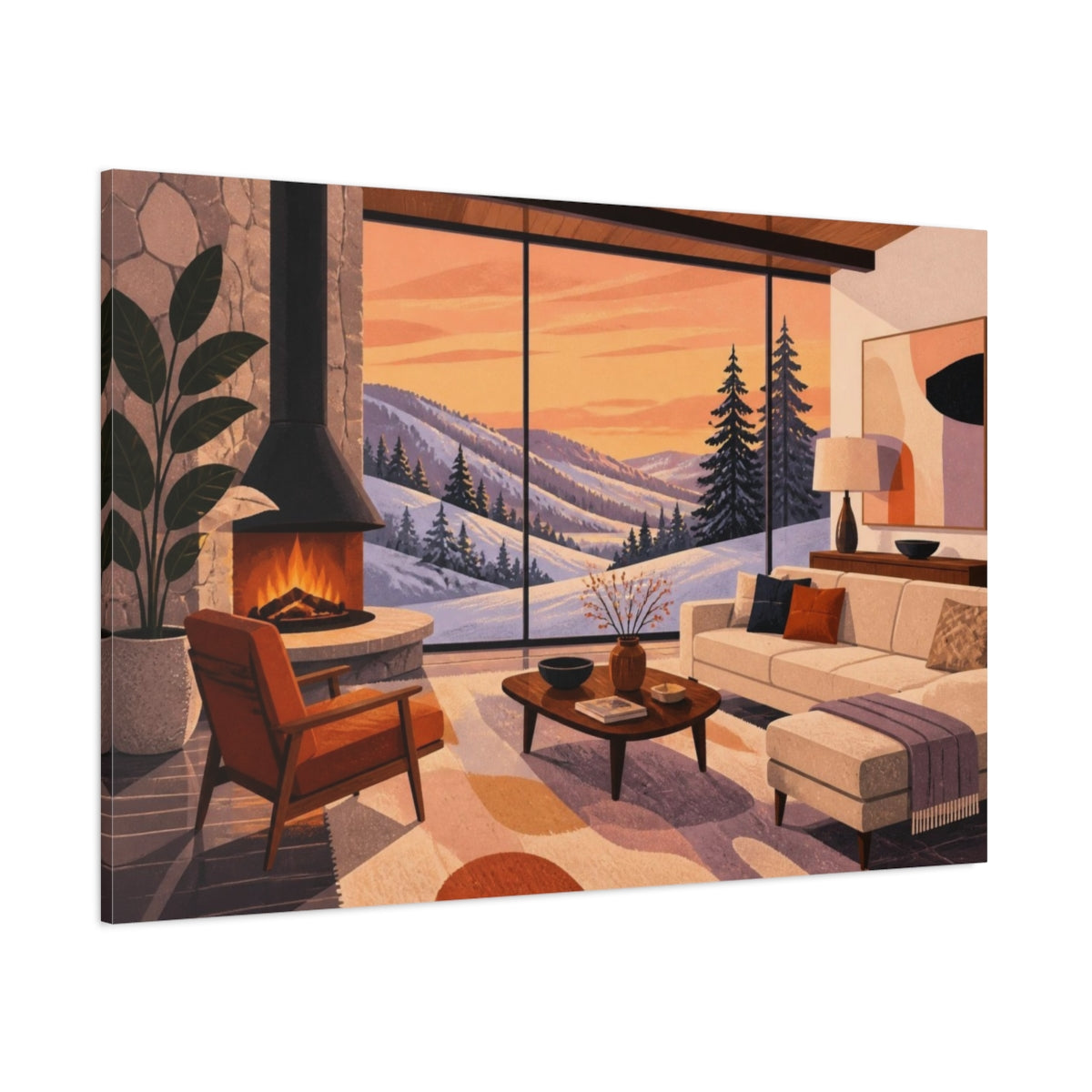 Side Mockup 1. Living Room Snowy Ridge shown as canvas print