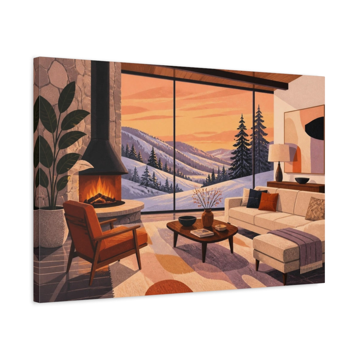 Side Mockup 2. Living Room Snowy Ridge shown as canvas print