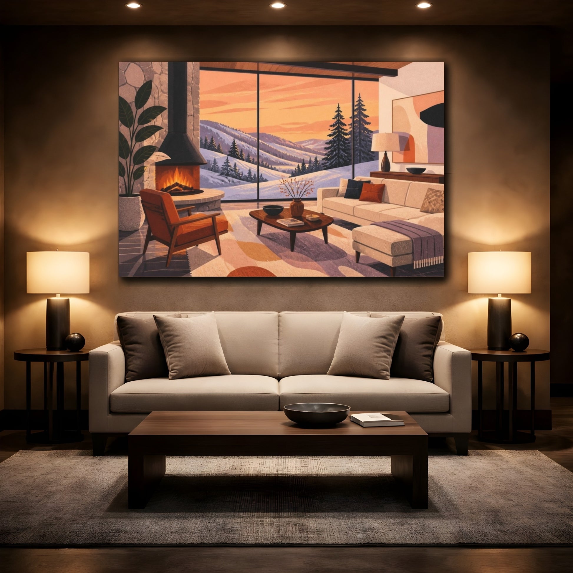 Mockup 2. Living Room Snowy Ridge shown as canvas print