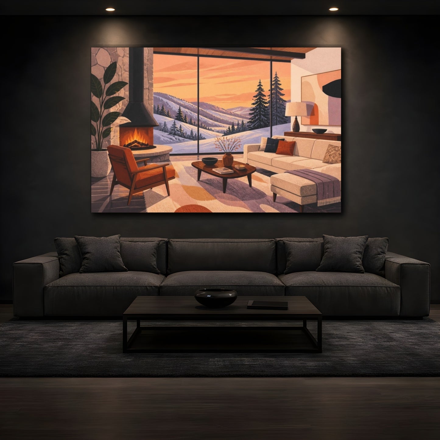 Mockup 3. Living Room Snowy Ridge shown as canvas print