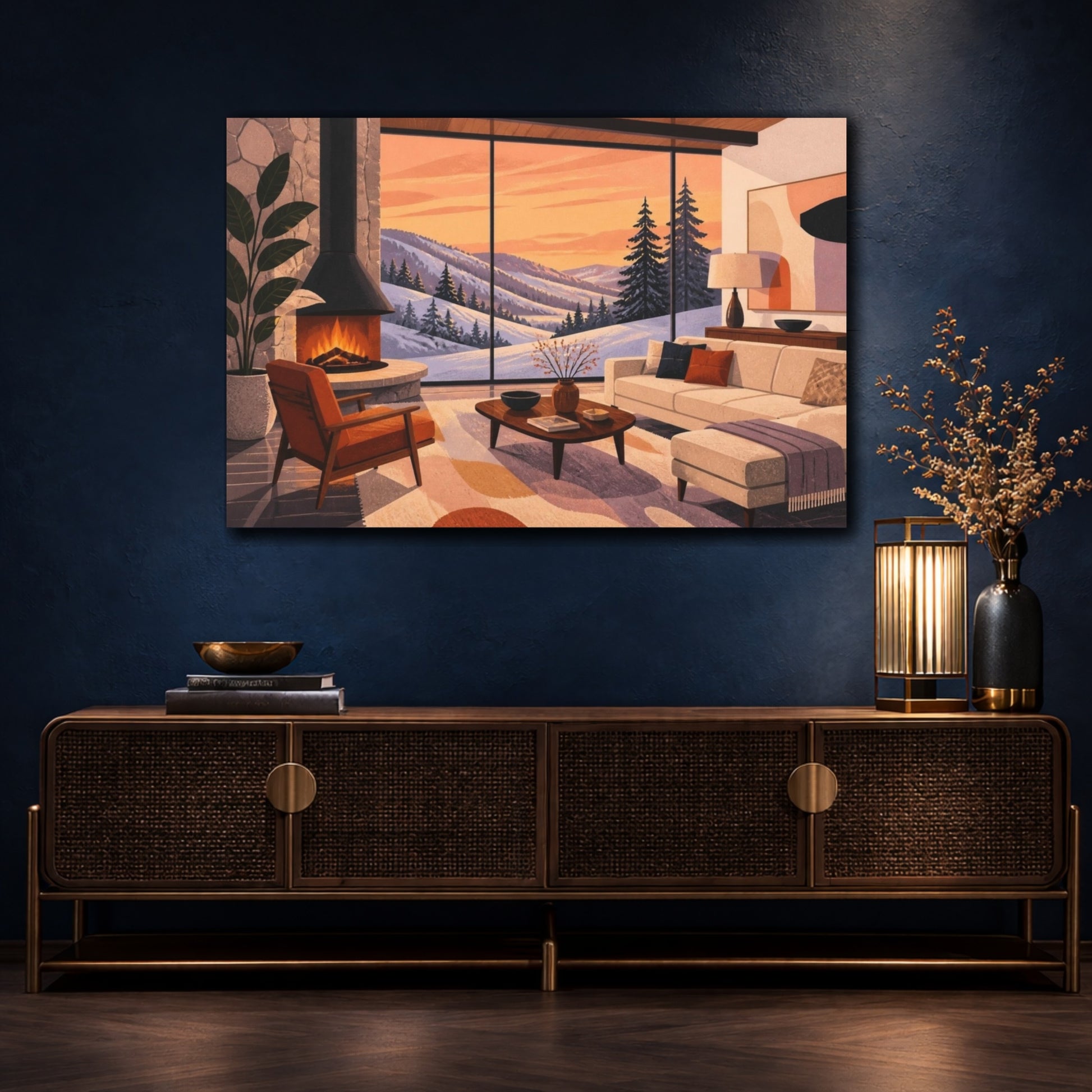 Mockup 4. Living Room Snowy Ridge shown as canvas print