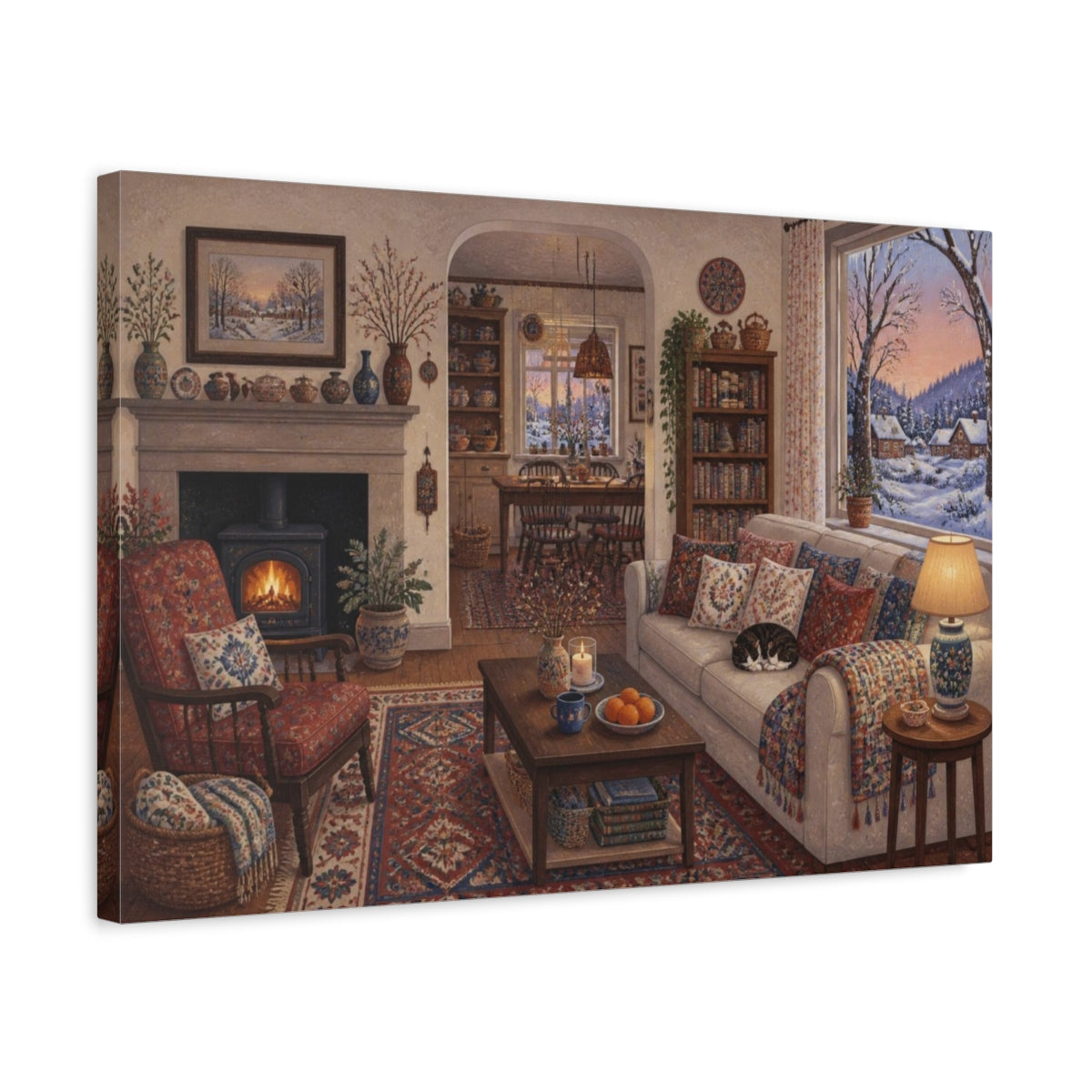 Side Mockup 3. Living Room Snowy View shown as canvas print