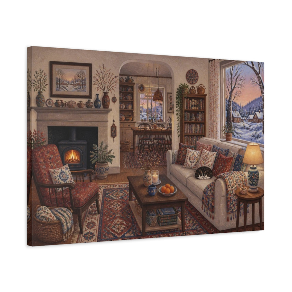 Side Mockup 2. Living Room Snowy View shown as canvas print