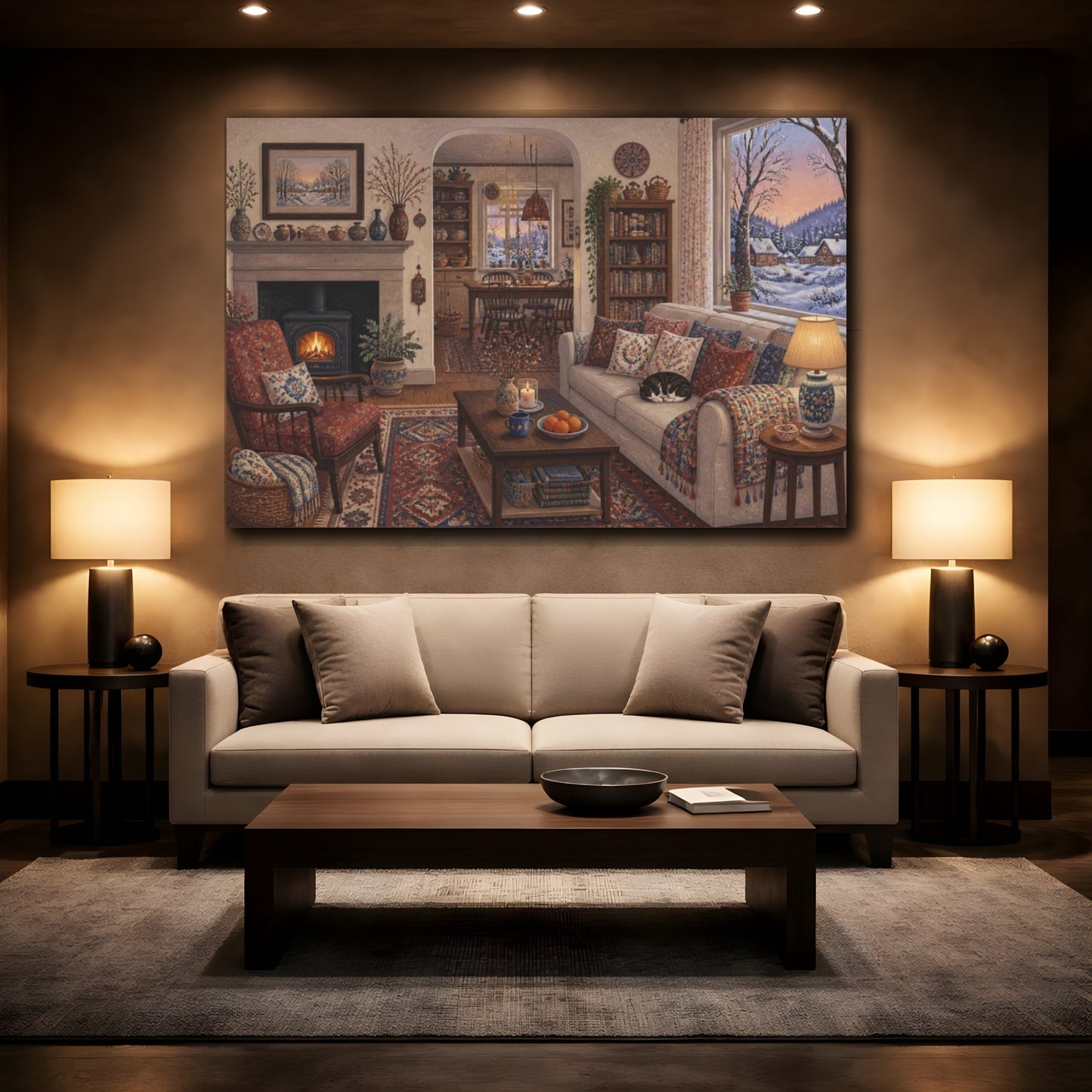 Mockup 2. Living Room Snowy View shown as canvas print