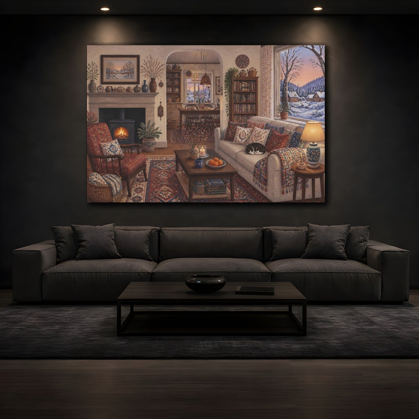 Mockup 3. Living Room Snowy View shown as canvas print
