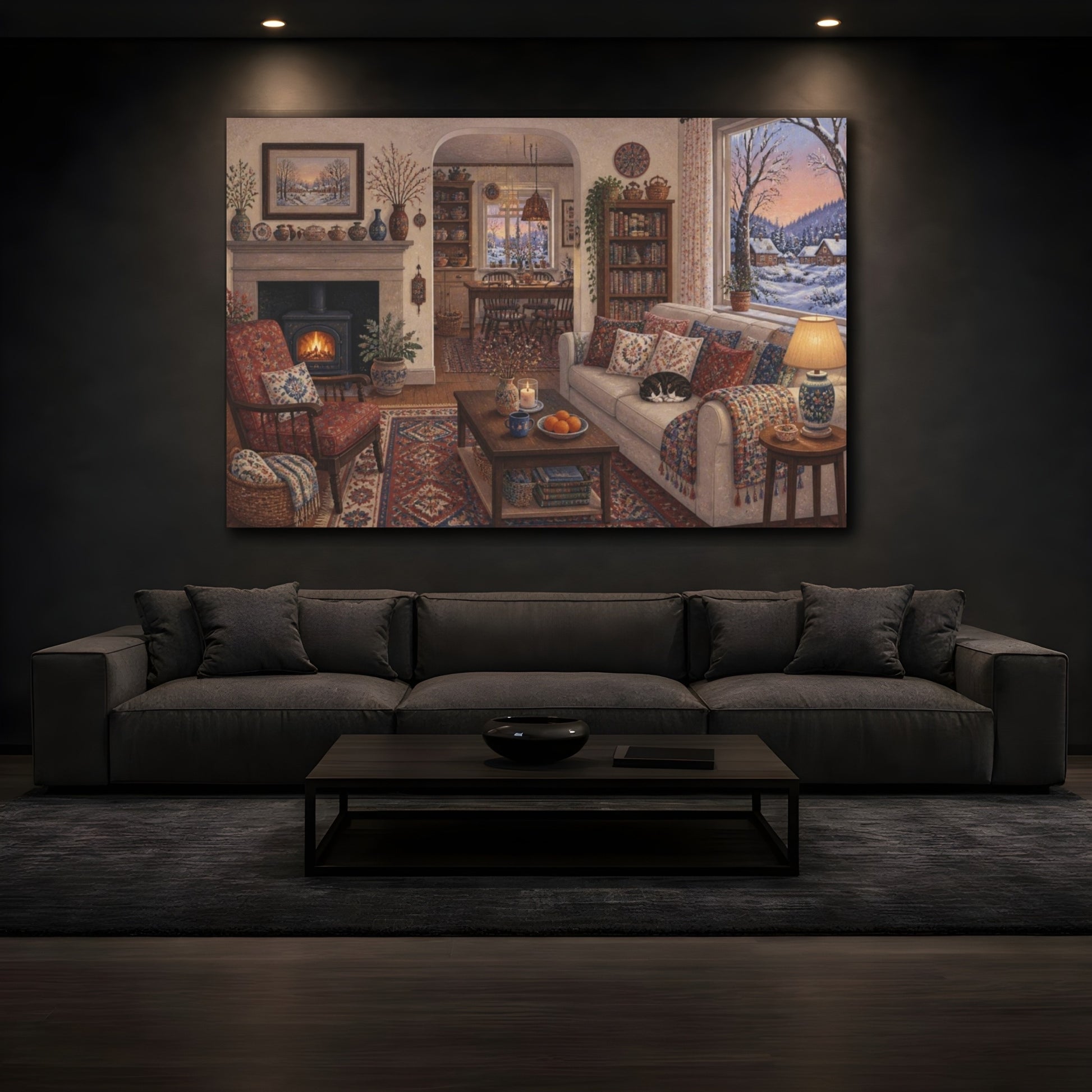Mockup 3. Living Room Snowy View shown as canvas print