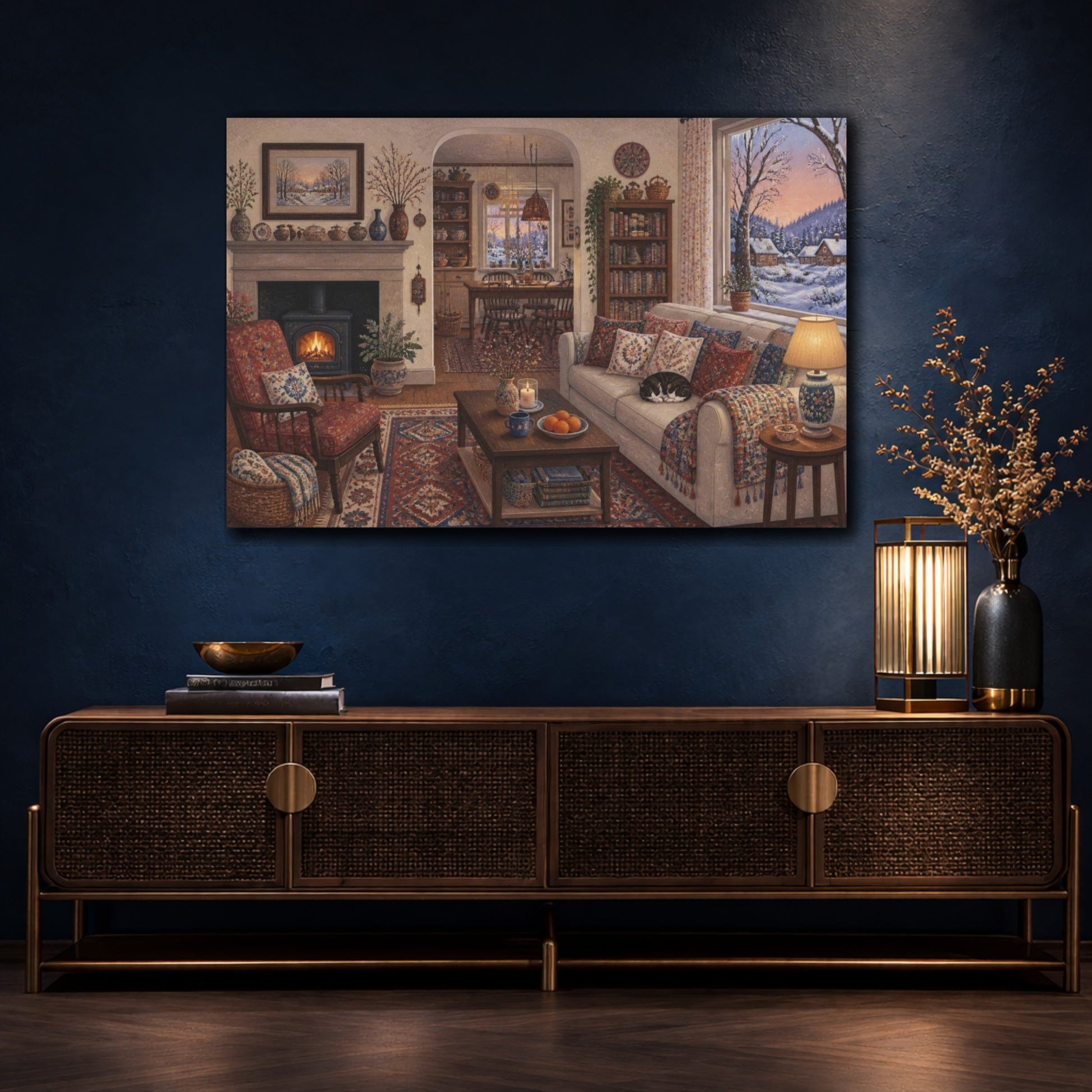 Mockup 4. Living Room Snowy View shown as canvas print