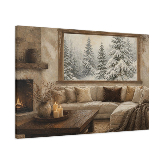 Main Mockup. Living Room Snowy Window View shown as canvas print