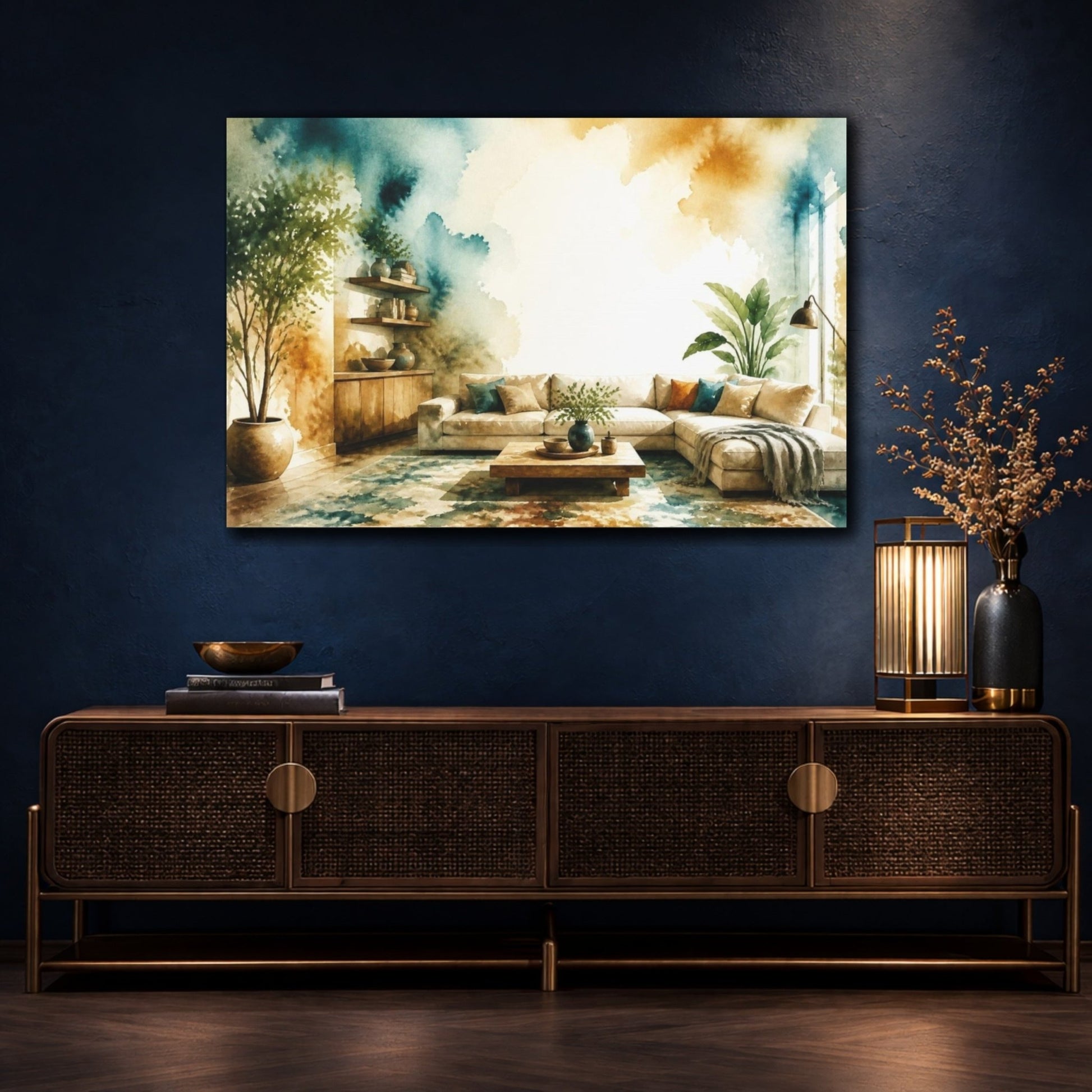 Living Room Sofa Teal Wash Canvas Print Wall Art – Decor, Above - YesArtYes