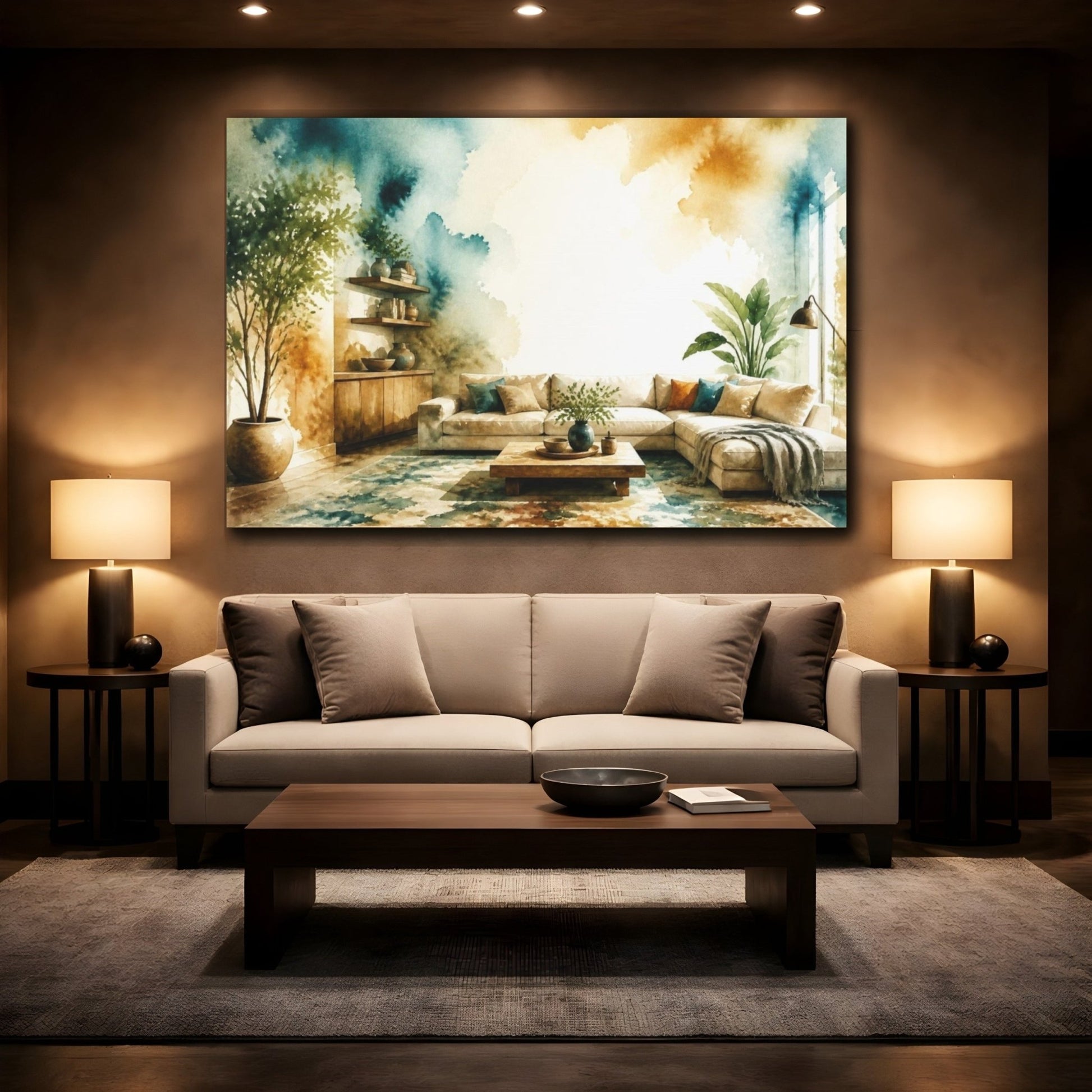 Living Room Sofa Teal Wash Canvas Print Wall Art – Decor, Above - YesArtYes
