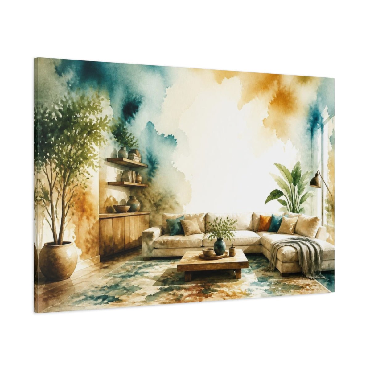 Living Room Sofa Teal Wash Canvas Print Wall Art – Decor, Above - YesArtYes