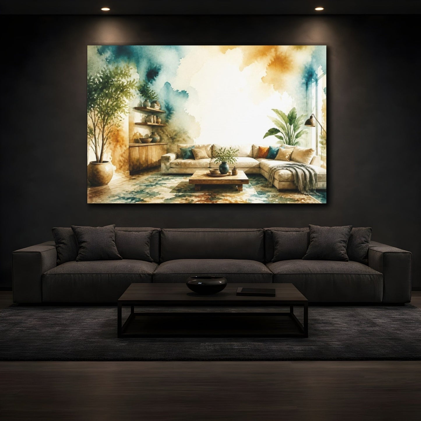 Living Room Sofa Teal Wash Canvas Print Wall Art – Decor, Above - YesArtYes