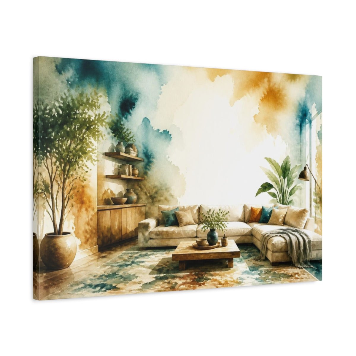Living Room Sofa Teal Wash Canvas Print Wall Art – Decor, Above - YesArtYes
