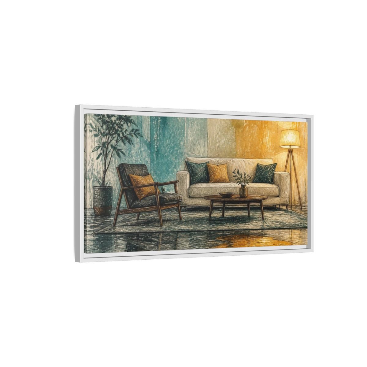Living Room Sofa With Amber Puddle Framed Canvas Print Wall Art – Decor, Above Console Table - YesArtYes