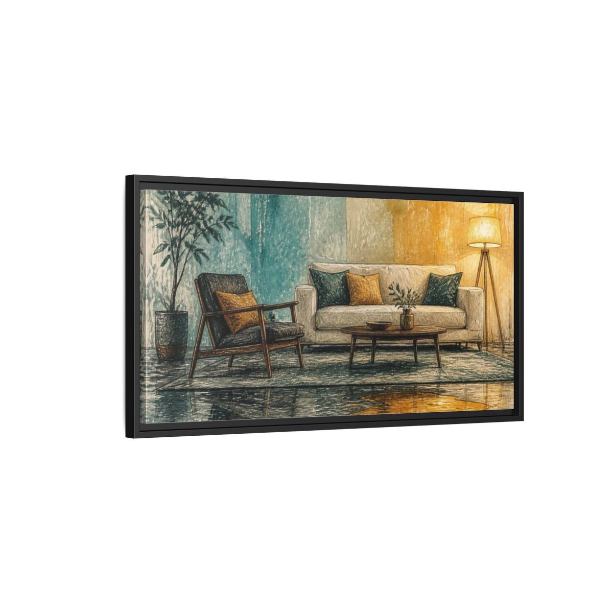 Living Room Sofa With Amber Puddle Framed Canvas Print Wall Art – Decor, Above Console Table - YesArtYes