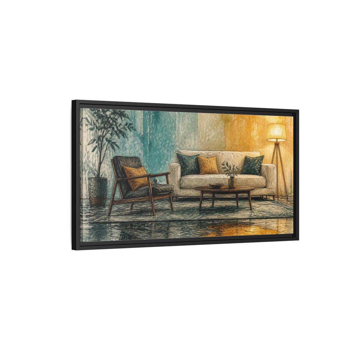 Side Mockup 2. Living Room Sofa With Amber Puddle shown as framed canvas print