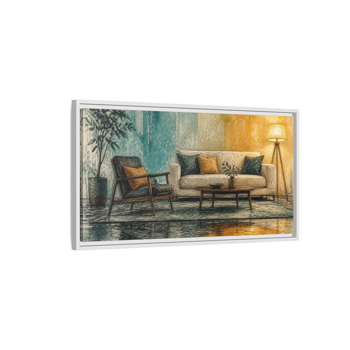Side Mockup 1. Living Room Sofa With Amber Puddle shown as framed canvas print