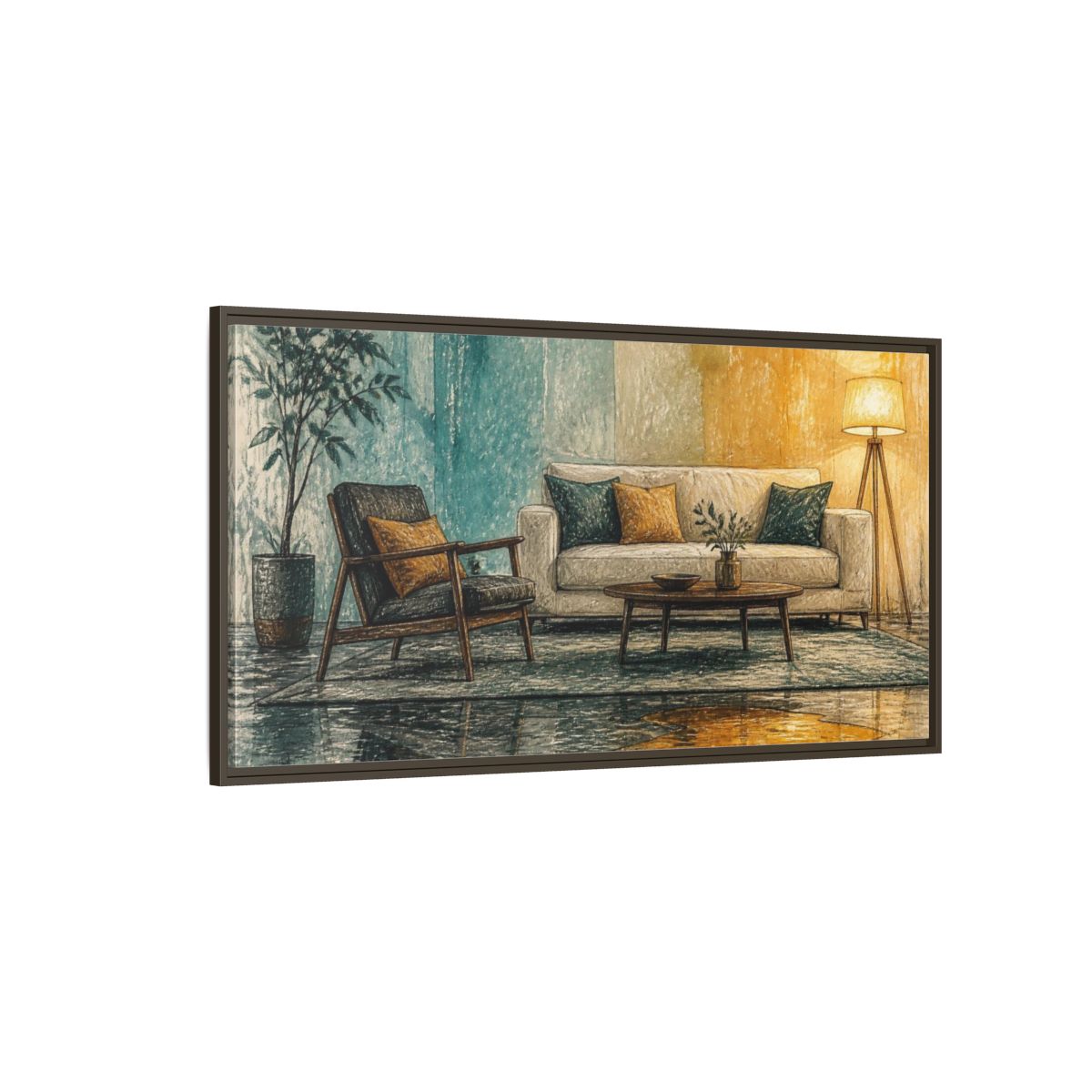 Side Mockup 4. Living Room Sofa With Amber Puddle shown as framed canvas print