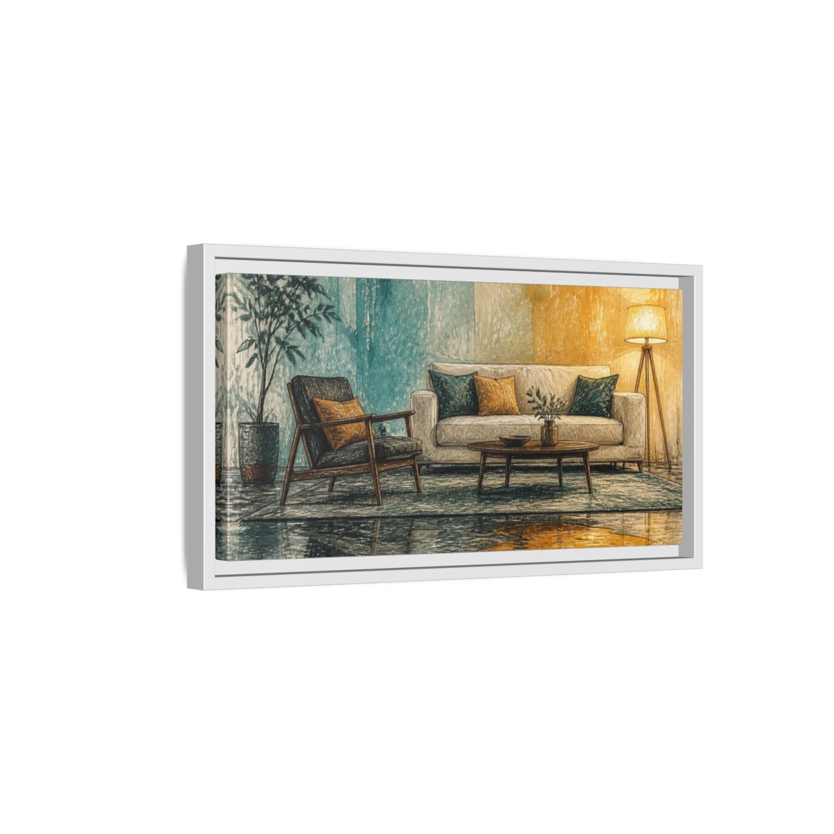 Side Mockup 6. Living Room Sofa With Amber Puddle shown as framed canvas print